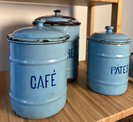 Lucas - Lot de 3 boites - Métal émaillé - Bleu ciel - Idéal cuisine - Vintage